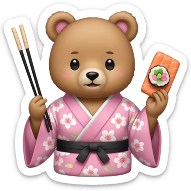 A cute light-brown bear wearing a pastel pink sakura-patterned kimono, normal balanced body ratio. 
Happily eating sushi with chopsticks, excited sparkling eyes. 
Kawaii emoji style, minimalistic clean sticker illustration, white background.
 sticker