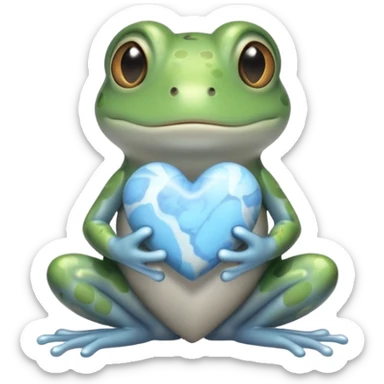 frog holding a light blue & grey marbled colored heart  sticker