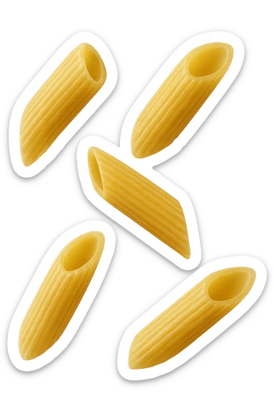 5 PENNE DI PASTA RIGATE FLUTTUANO IN ARIA,  iperrealistico 4k sticker