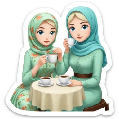 Turkish beautiful finish Konya girls blue eyes with Beautiful light green floral hijab long tail dress and the two friends in a white lovely coffeehouse sits on the chair on the ground and holds cup coffe with her hand  sticker