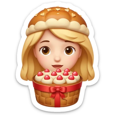 Apple-style emoji illustration of a cuteperson  with dreamy eyes thinking of a traditional panettone, small hearts floating around, soft 3D emoji style, smooth gradients, rounded shapes, warm festive colors, simple expression, centered composition, transparent background, no text. sticker
