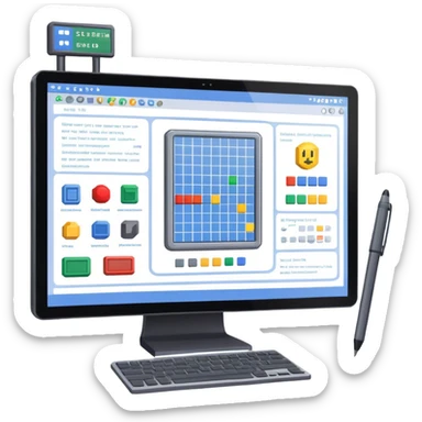 Emoji for Game Design: computer screen with Professional game development interface, 3D models, pixel art and design tools like grid, wireframe, and stylus. Symbolizes the technical and creative process of game development. Transparent background. sticker