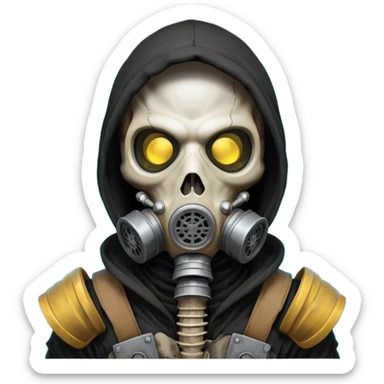 skeleton wearing a gas mask portrait, head and shoulders only, visible rib cage bones, cracked skull, dark hood, glowing eyes inside the mask, post-apocalyptic vibe, dramatic lighting, 3D cartoon, mobile game icon style, clean background, no text, no watermark
 sticker
