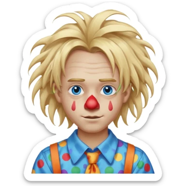 clown boy with messy very long long blonde hair blue eyes, designer shirt and hair pins sticker