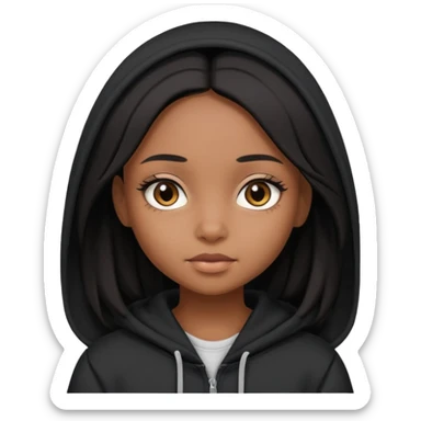  Brown skin girl , who has staight medium length black hair without bangs , brown eyes , and doll like makeup , in a black hoodie. sticker