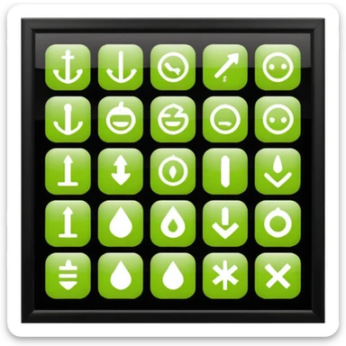 Redraw all icons perfectly centered in square dark gray frames, bright lime green symbols, glossy effect, sharp clean flat design, high contrast, uniform size, pixel-perfect alignment sticker