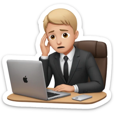 Overwhelmed trader in front of laptop sticker