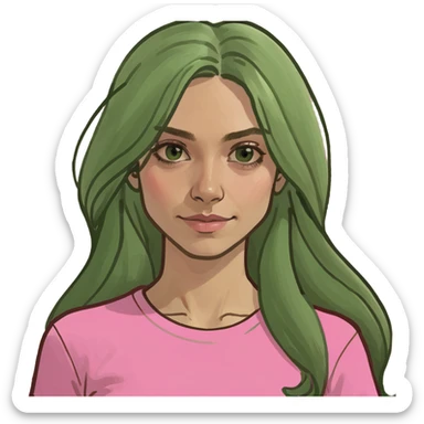 Tan woman with long dirty blond hair with brown roots and brown eyes with a pink shirt sticker