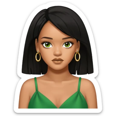 Rihanna black hair, hazel eyes, green dress sticker