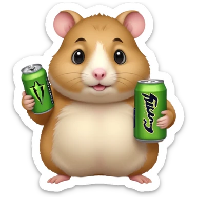 Funny cartoon-style fat hamster with big wide eyes  holding a can of monster energy in one hand and redbull in the other hand sticker