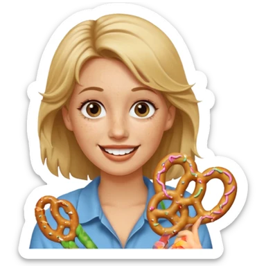 Woman with Dirty blond hair, fair skin with freckles,  holding pretzels and winking one eye sticker