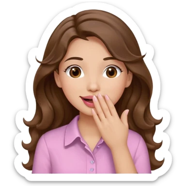 girl with wavy long brown hair, brown eyes, light to medium complexion, long lashes, light pink lipstick, wearing light pink shirt, sexy, gigling hand covering mouth sticker