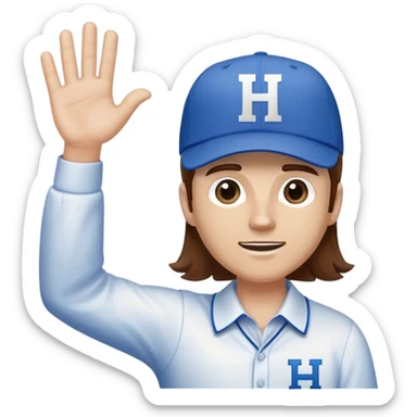 White Man with mid-length brown hair wearing blue baseball hat with the letter H on it. Hand waving. He is wearing a collared white dress shirt with nothing on it.   sticker