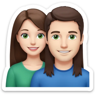 “A pink Polaroid-style photo of a couple: a white woman with long brunette hair and blue eyes, and a white man with short brunette hair and green eyes.” sticker