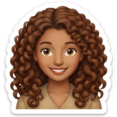 "- Nữ
- 30 tuổi
- Da nâu
- Tóc xoăn nâu, dài 
- Mặt cười mỉm
- Đổi ngôi tóc sticker