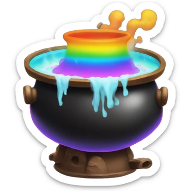 black Cauldron with rainbow potion and white steam, under the kettle are fire sticker