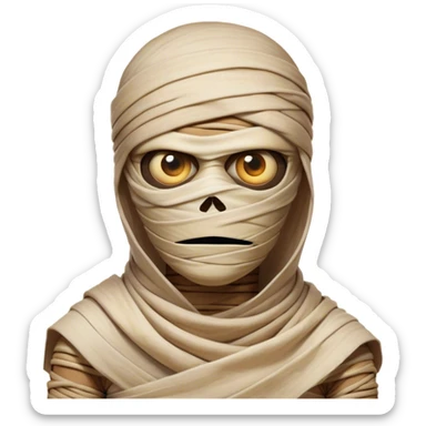 Cinematic Comical Mummy Portrait Emoji, with a humorously disheveled, oversized bandaged form in warm, faded hues, head cocked in a dramatically shocked expression with comically wide eyes peeking through the bandages, simplified yet hilariously expressive, highly detailed with a soft glowing outline that captures the absurd charm of an ancient mummy in playful astonishment! sticker