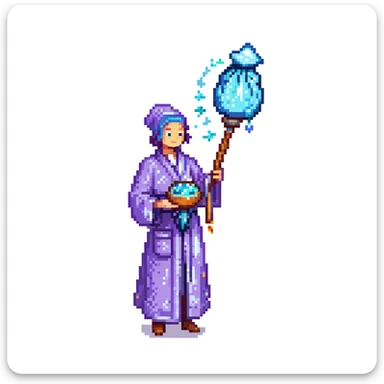 Portrait of a galactic baker in skeuomorphism style, same pose and lighting as previous levels, wearing a nebula-textured robe, holding a galaxy-shaped whisk, glowing flour particles floating around sticker