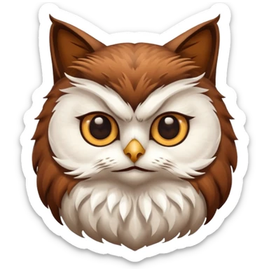 An cats head with a brown on top of the head of the cat the cats head infused with an white owls body with brown wings sticker