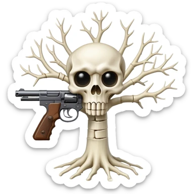 a tree made of bones with eyes holding a gun sticker