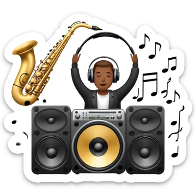 Icon for R&B Music Listening: large concert speakers and headphones with waves of musical notes coming out, along with drums and bass guitar and saxophone. The icon should convey the energetic and rhythmic vibe of R&B music. Transparent background sticker