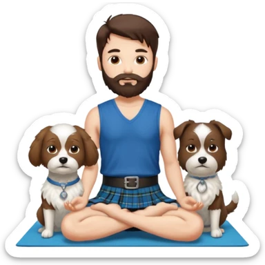 emoji of brunette man with beard wearing kilt, brunette woman in yoga outfit and white fluffy dog sticker