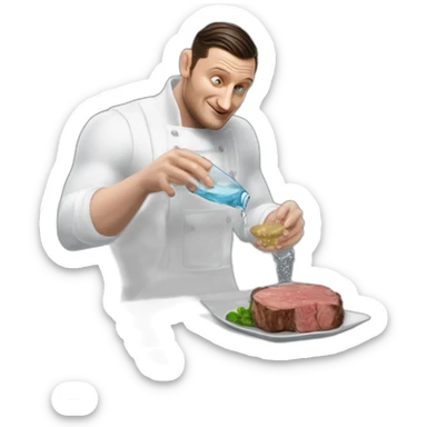 tim robinson dark black slicked back hair white long underwear waffle shirt pouring water from glass onto steak sticker