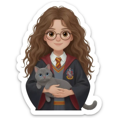 Asian girl with long messy wavy brown hair and brown eyes wearing Ravenclaw robe from Harry Potter, holding a gray cat with blue eyes in hands sticker