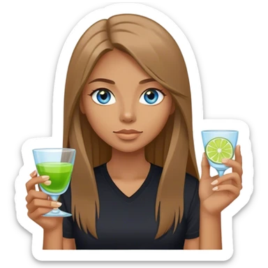 tan woman, black shirt, long light brown straight hair, grey blue eyes, holding a shot with lime sticker