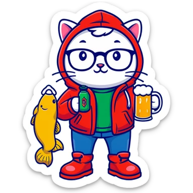 Catfish wearing a red hooded winter jacket, round glasses, blue jeans, red boots, holding a beer can with red label sticker
