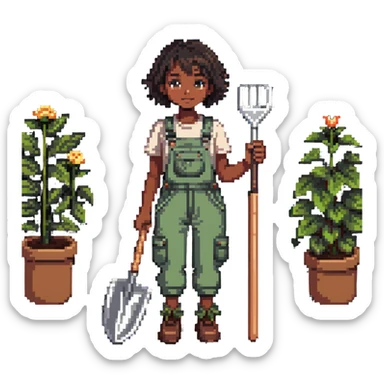 Beautiful brown skin girl with dark short hair wear garden overalls holding garden tools sticker