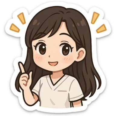 3D chibi bitmoji style sticker of a girl with long dark hair, white medical top, kind and smart face with exclamation marks, white outline, transparent background sticker