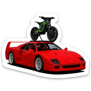 Make the single Sur-Ron electric bike with a green frame on the roof rack much smaller in proportion to the Ferrari F40, to proper scale. Keep the background transparent. sticker