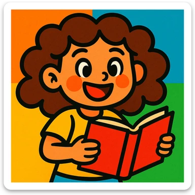 girl with brown curly hair holding a book, vibrant cartoon style sticker