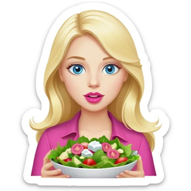 Cinematic realistic blonde with long hair, blue eyes and pink lips eats salad sticker