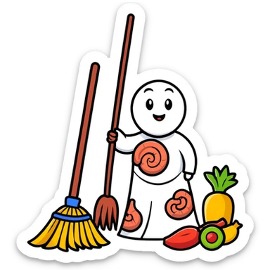 Friendly broom character sweeping through intestines, representing how fiber cleans the digestive system, surrounded by healthy food symbols sticker