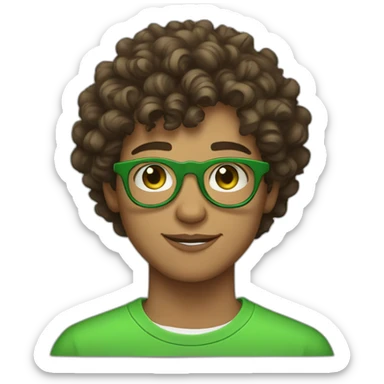 light skin 19 year old guy with green eyes and curly brown hair and circular green glasses sticker