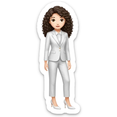 Chica joven con una sonrisa suave con cabello largo rizado y oscuro, piel clara, vestida con un traje blanco elegante y tacones bajos blancos sticker
