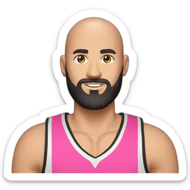 Caucasian basketball player, bald, with black beard, wearing pink jersey (miami style) no 10 and holding a basketball sticker
