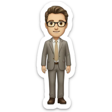 Full height Gesticulating Pale skinned fit man with dark brown hair in gray jacket, beige office shirt, brown tie, brown pants and vintage glasses. sticker