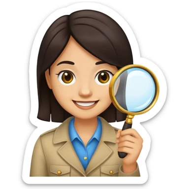 Pip from A Good Girl's Guide to Murder, emoji style, with a magnifying glass, dark hair, clever smile sticker