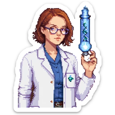 Flat pixel art, a female chemist, wearing glasses, white lab coat over indigo shirt, focusing on lab experiment, holding a flash in her right hand, waist-up, front-facing sticker