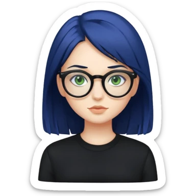 A girl with dark blue hair, glasses and green eyes, wearing black clothes  sticker