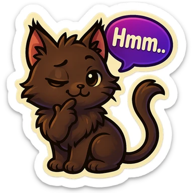 a dark-brown fluffy cute kawaii anime cat with tufted ears and a long thin tufted tail, thinking, smirking thoughtfully, saying “Hmm..” with a purple speech bubble sticker