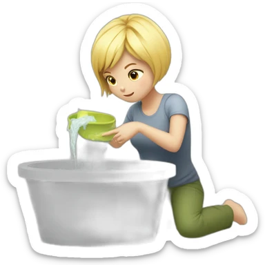 a blonde girl with short hair and a mask steals a basin with folded clothes sticker