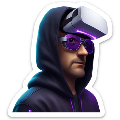 Russian man wearing a black hoodie with "OMG" letters on it and VR headset in a cyberpunk VR environment with violet neon lighting. sticker