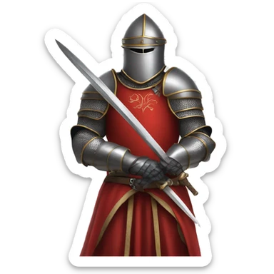A person in medieval armor kneels, looking upward, with hands resting on a sword. They're dressed in a red garment under the armor. sticker