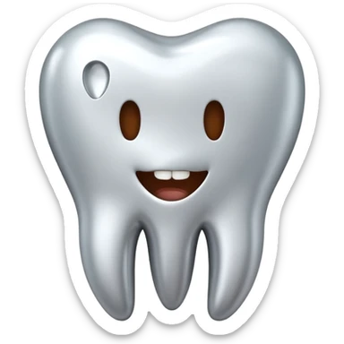 human tooth emoji, smooth chrome ceramic-metal texture, clean medical luxury aesthetic, isolated on white sticker