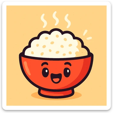 cartoon red bowl of rice with steam, vibrant colors, expressive, suitable for emoji sticker