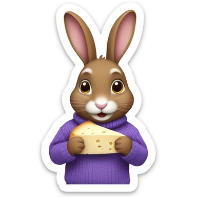 Cute rabbit: a brown rabbit wearing a purple sweater . Eating a gorgonzola cheese sticker